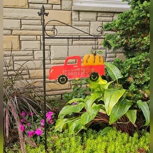 Red Truck with Pumpkin Garden Metal Yard Sign On Shepherds Hook. New.